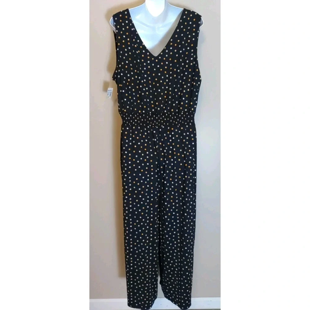 Roz & Ali‎ Black Orange White Polka Dot Sleeveless Ankle Jumpsuit Romper Size Xl